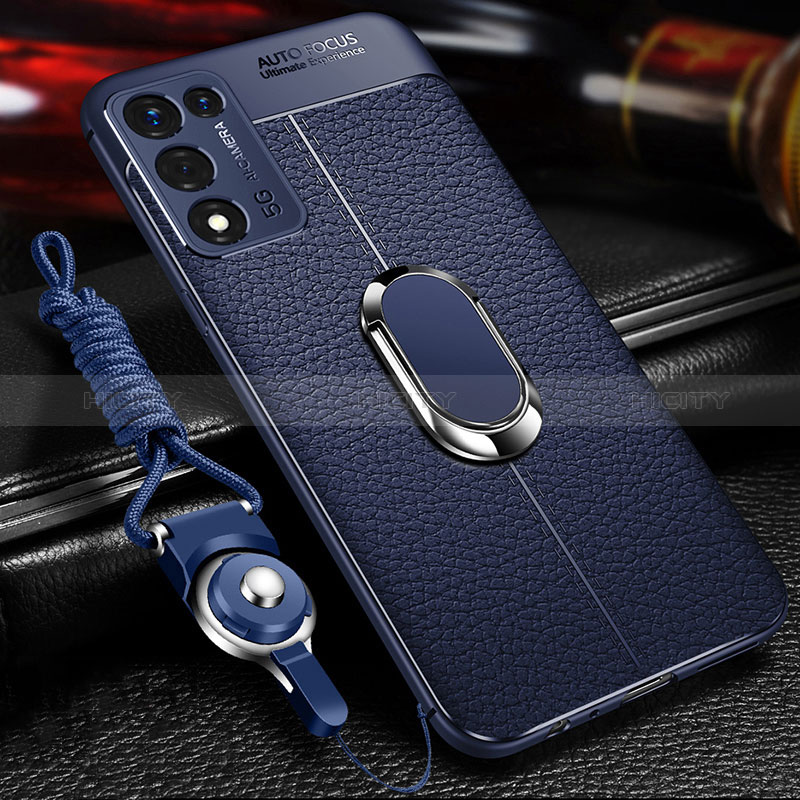 Coque Silicone Gel Motif Cuir Housse Etui avec Support Bague Anneau Aimante Magnetique pour Oppo K9S 5G Bleu Plus