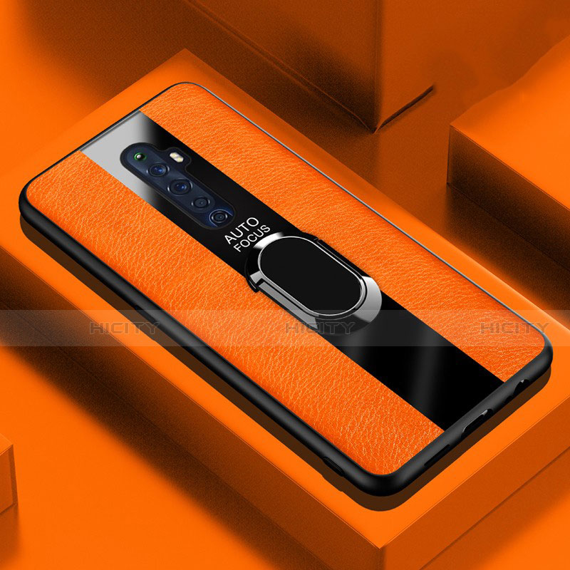 Coque Silicone Gel Motif Cuir Housse Etui avec Support Bague Anneau Aimante Magnetique pour Oppo Reno2 Z Orange Plus