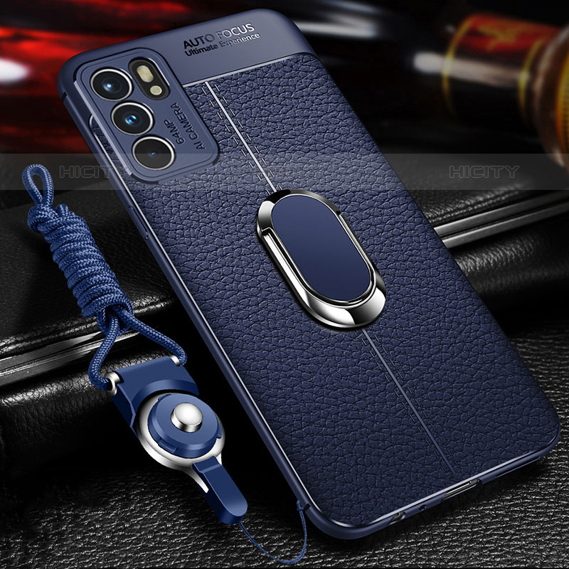 Coque Silicone Gel Motif Cuir Housse Etui avec Support Bague Anneau Aimante Magnetique pour Oppo Reno6 5G Bleu Plus