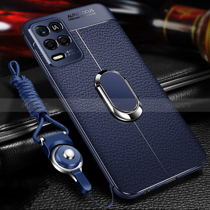 Coque Silicone Gel Motif Cuir Housse Etui avec Support Bague Anneau Aimante Magnetique pour Realme 8s 5G Bleu Plus