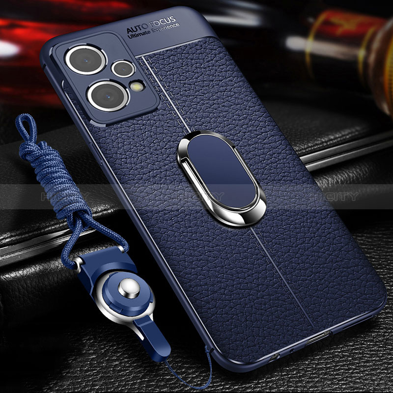 Coque Silicone Gel Motif Cuir Housse Etui avec Support Bague Anneau Aimante Magnetique pour Realme 9 Pro 5G Bleu Plus