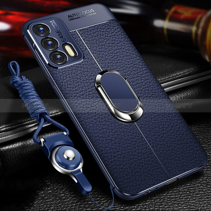 Coque Silicone Gel Motif Cuir Housse Etui avec Support Bague Anneau Aimante Magnetique pour Realme GT Neo 2T 5G Bleu Plus