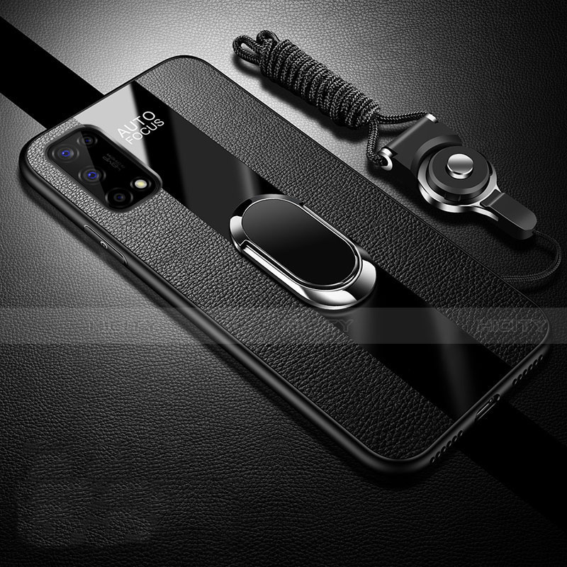 Coque Silicone Gel Motif Cuir Housse Etui avec Support Bague Anneau Aimante Magnetique pour Realme V15 5G Noir Plus