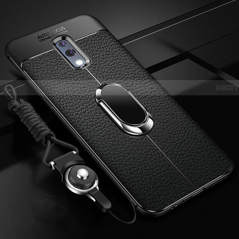 Coque Silicone Gel Motif Cuir Housse Etui avec Support Bague Anneau Aimante Magnetique pour Realme X Noir Plus