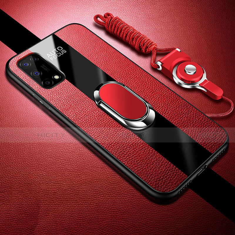 Coque Silicone Gel Motif Cuir Housse Etui avec Support Bague Anneau Aimante Magnetique pour Realme X7 5G Rouge Plus