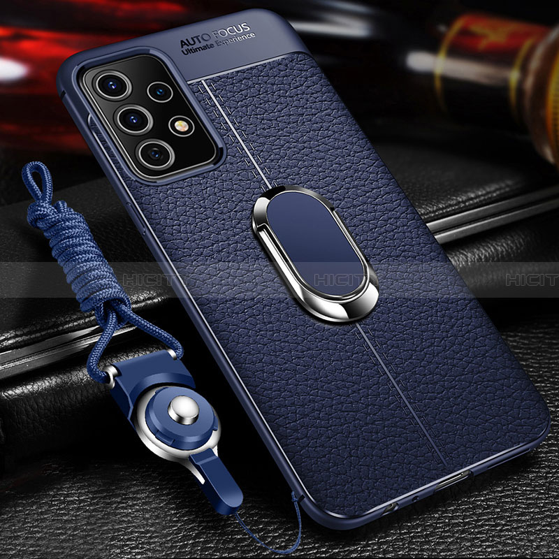 Coque Silicone Gel Motif Cuir Housse Etui avec Support Bague Anneau Aimante Magnetique pour Samsung Galaxy A32 5G Bleu Plus