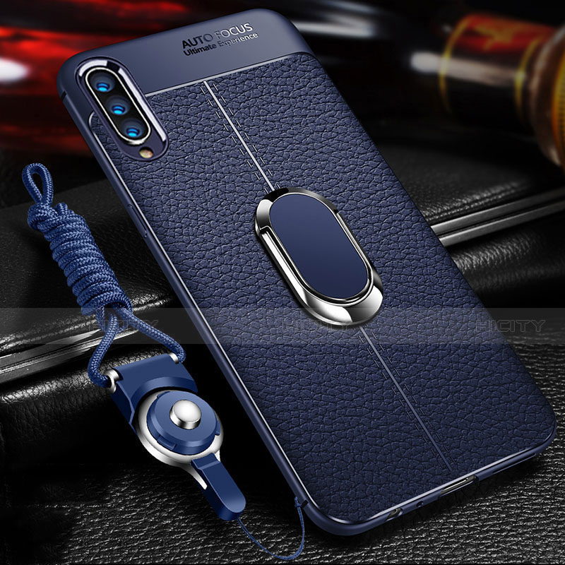 Coque Silicone Gel Motif Cuir Housse Etui avec Support Bague Anneau Aimante Magnetique pour Samsung Galaxy A70 Bleu Plus