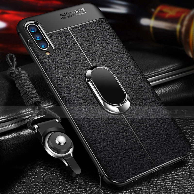 Coque Silicone Gel Motif Cuir Housse Etui avec Support Bague Anneau Aimante Magnetique pour Samsung Galaxy A70 Noir Plus