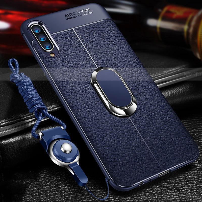 Coque Silicone Gel Motif Cuir Housse Etui avec Support Bague Anneau Aimante Magnetique pour Samsung Galaxy A70S Bleu Plus