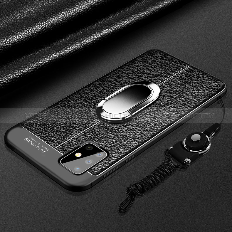 Coque Silicone Gel Motif Cuir Housse Etui avec Support Bague Anneau Aimante Magnetique pour Samsung Galaxy A71 4G A715 Noir Plus