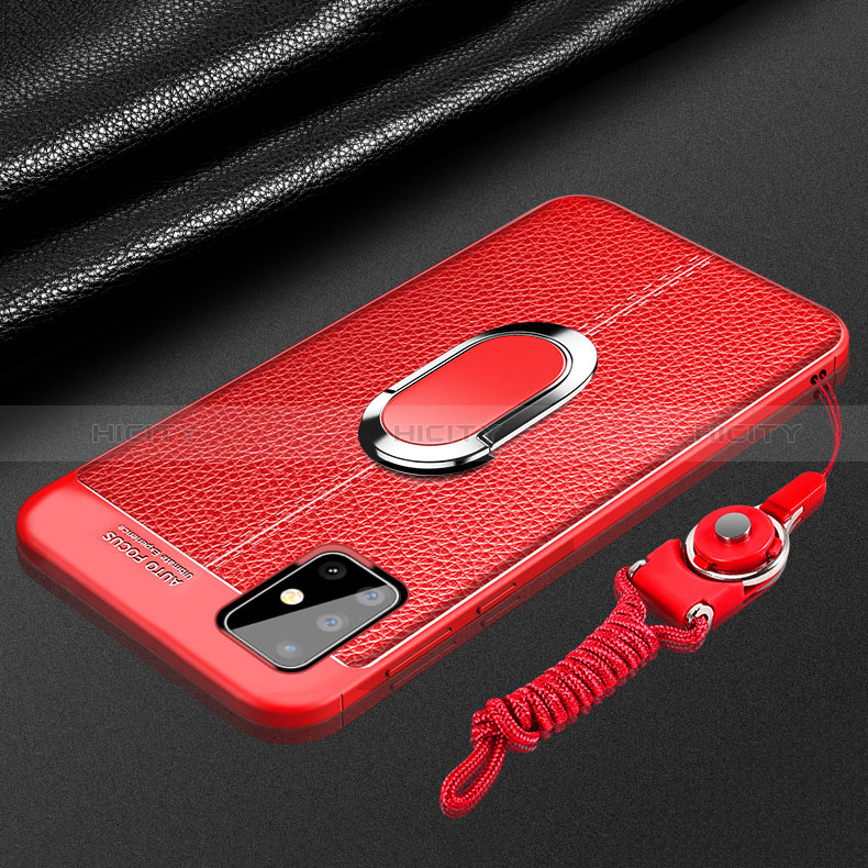 Coque Silicone Gel Motif Cuir Housse Etui avec Support Bague Anneau Aimante Magnetique pour Samsung Galaxy A71 4G A715 Rouge Plus