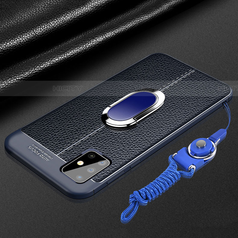 Coque Silicone Gel Motif Cuir Housse Etui avec Support Bague Anneau Aimante Magnetique pour Samsung Galaxy A71 5G Bleu Plus