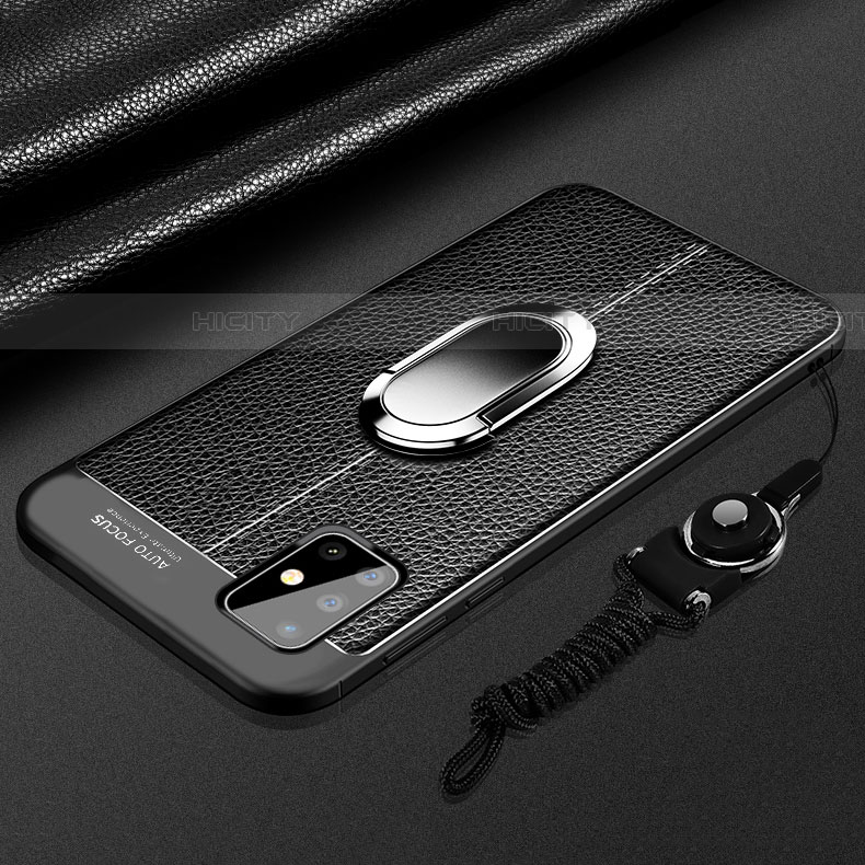 Coque Silicone Gel Motif Cuir Housse Etui avec Support Bague Anneau Aimante Magnetique pour Samsung Galaxy A71 5G Noir Plus