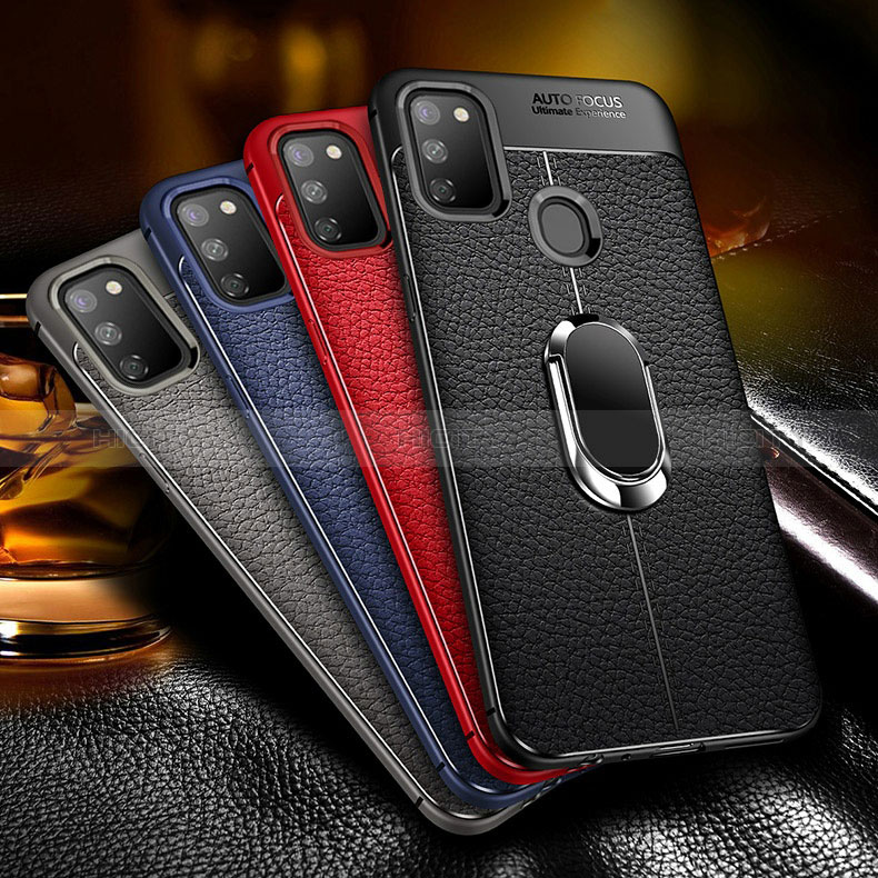 Coque Silicone Gel Motif Cuir Housse Etui avec Support Bague Anneau Aimante Magnetique pour Samsung Galaxy M21 Plus