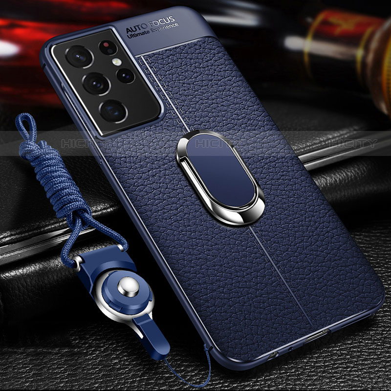 Coque Silicone Gel Motif Cuir Housse Etui avec Support Bague Anneau Aimante Magnetique pour Samsung Galaxy S23 Ultra 5G Bleu Plus