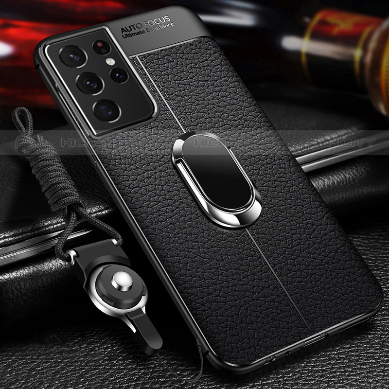 Coque Silicone Gel Motif Cuir Housse Etui avec Support Bague Anneau Aimante Magnetique pour Samsung Galaxy S23 Ultra 5G Noir Plus