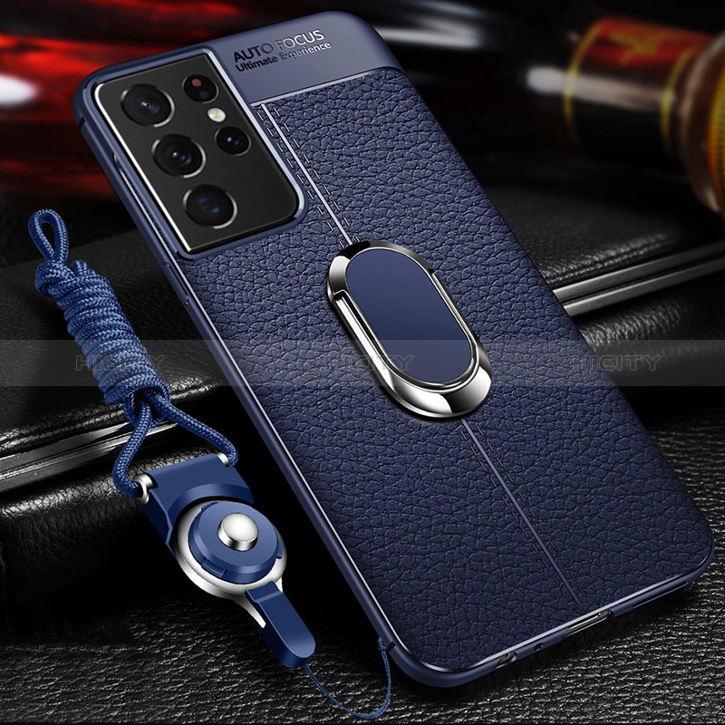 Coque Silicone Gel Motif Cuir Housse Etui avec Support Bague Anneau Aimante Magnetique pour Samsung Galaxy S24 Ultra 5G Plus