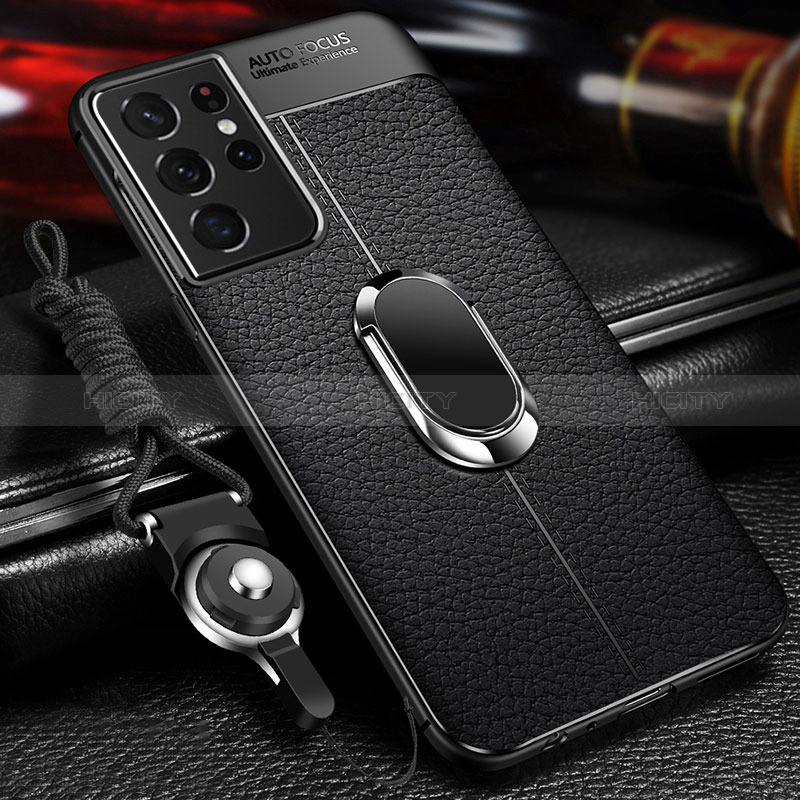 Coque Silicone Gel Motif Cuir Housse Etui avec Support Bague Anneau Aimante Magnetique pour Samsung Galaxy S24 Ultra 5G Plus