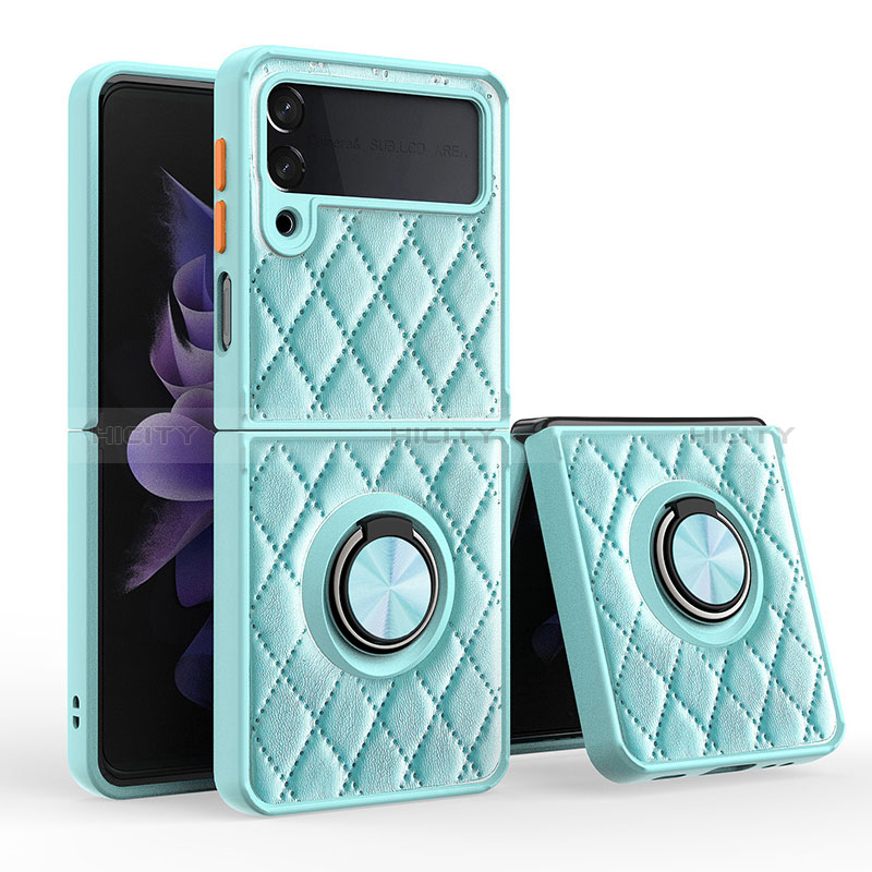 Coque Silicone Gel Motif Cuir Housse Etui avec Support Bague Anneau Aimante Magnetique pour Samsung Galaxy Z Flip3 5G Cyan Plus