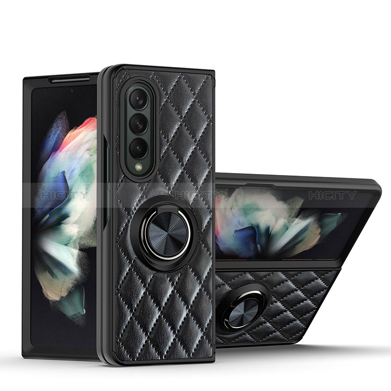 Coque Silicone Gel Motif Cuir Housse Etui avec Support Bague Anneau Aimante Magnetique pour Samsung Galaxy Z Fold3 5G Noir Plus