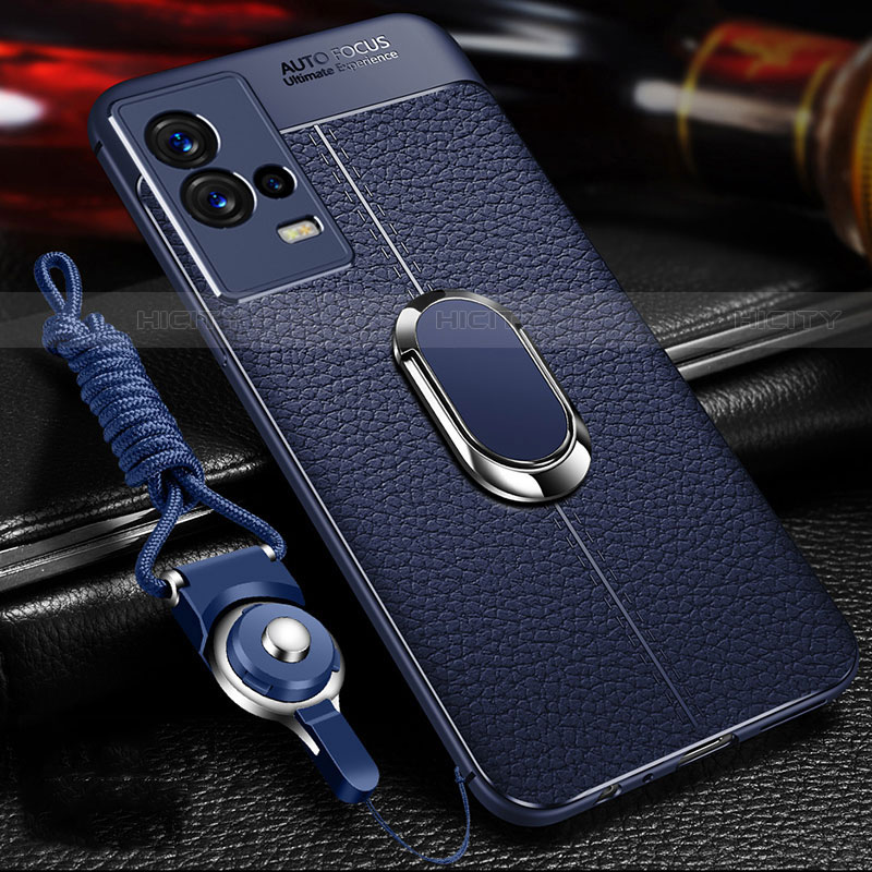 Coque Silicone Gel Motif Cuir Housse Etui avec Support Bague Anneau Aimante Magnetique pour Vivo iQOO 8 Pro 5G Bleu Plus