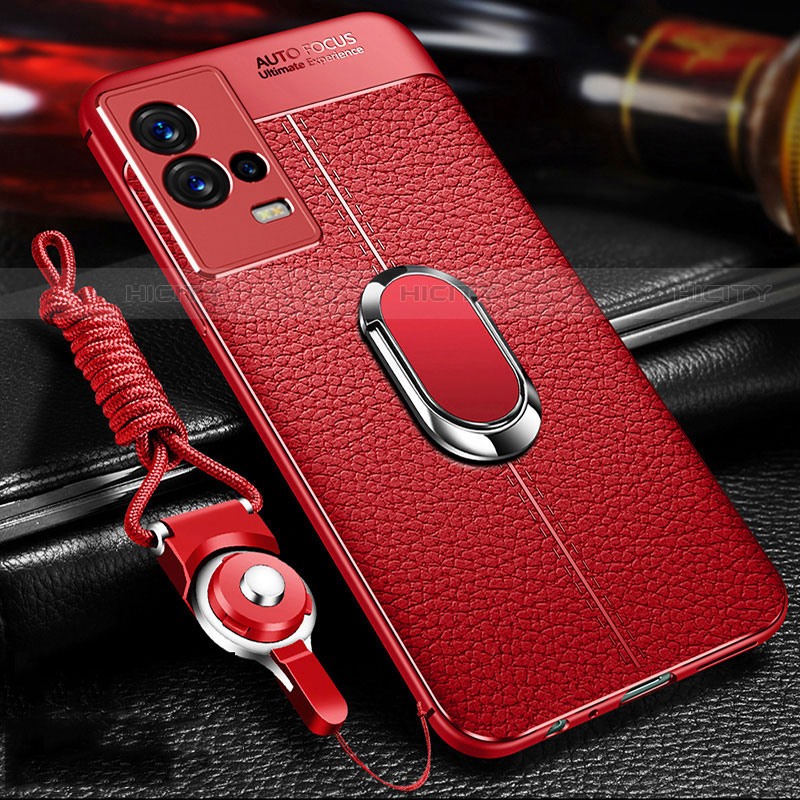 Coque Silicone Gel Motif Cuir Housse Etui avec Support Bague Anneau Aimante Magnetique pour Vivo iQOO 8 Pro 5G Rouge Plus