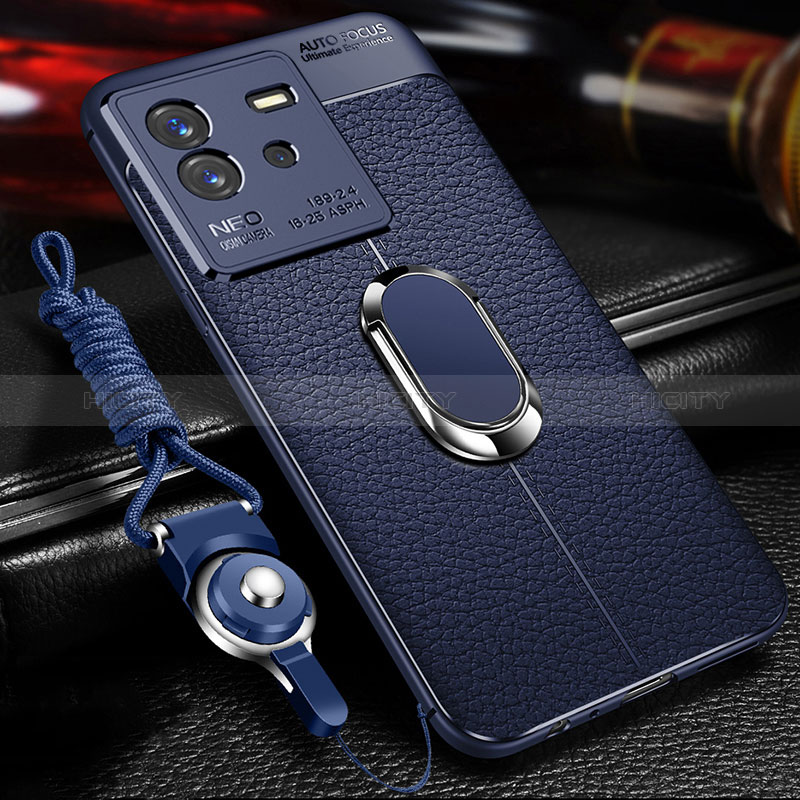 Coque Silicone Gel Motif Cuir Housse Etui avec Support Bague Anneau Aimante Magnetique pour Vivo iQOO Neo6 SE 5G Bleu Plus