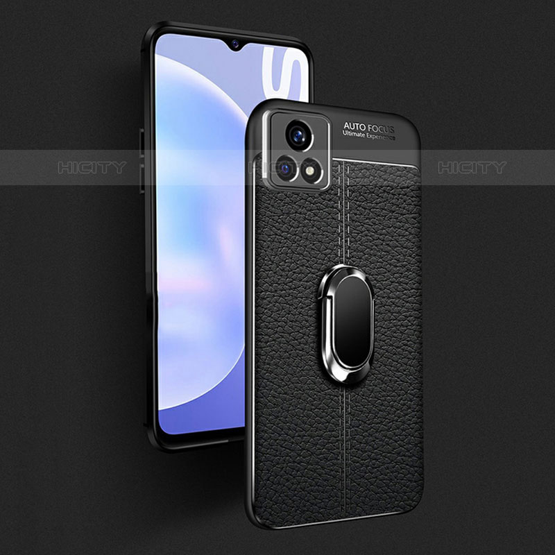 Coque Silicone Gel Motif Cuir Housse Etui avec Support Bague Anneau Aimante Magnetique pour Vivo iQOO U3x 5G Plus