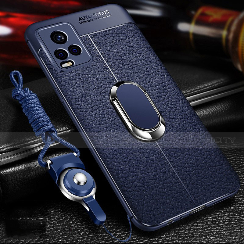 Coque Silicone Gel Motif Cuir Housse Etui avec Support Bague Anneau Aimante Magnetique pour Vivo V20 Pro 5G Bleu Plus