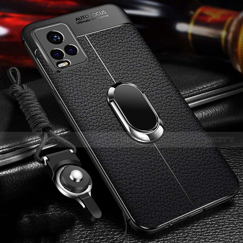 Coque Silicone Gel Motif Cuir Housse Etui avec Support Bague Anneau Aimante Magnetique pour Vivo V20 Pro 5G Noir Plus