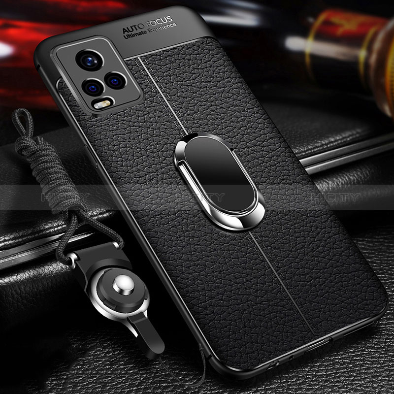 Coque Silicone Gel Motif Cuir Housse Etui avec Support Bague Anneau Aimante Magnetique pour Vivo V21e 4G Noir Plus