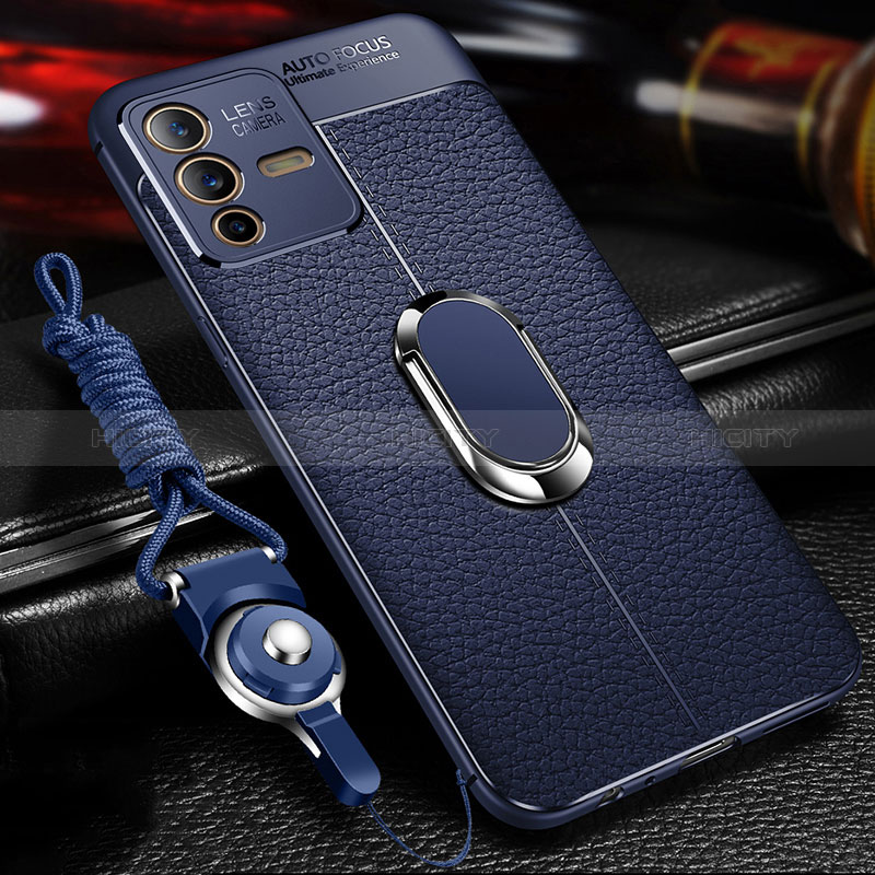 Coque Silicone Gel Motif Cuir Housse Etui avec Support Bague Anneau Aimante Magnetique pour Vivo V23 5G Bleu Plus