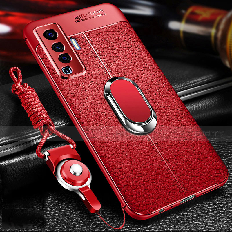 Coque Silicone Gel Motif Cuir Housse Etui avec Support Bague Anneau Aimante Magnetique pour Vivo X50 5G Rouge Plus