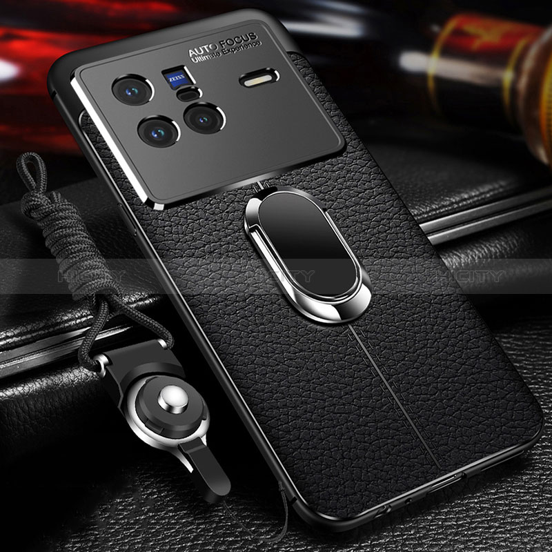 Coque Silicone Gel Motif Cuir Housse Etui avec Support Bague Anneau Aimante Magnetique pour Vivo X80 5G Noir Plus