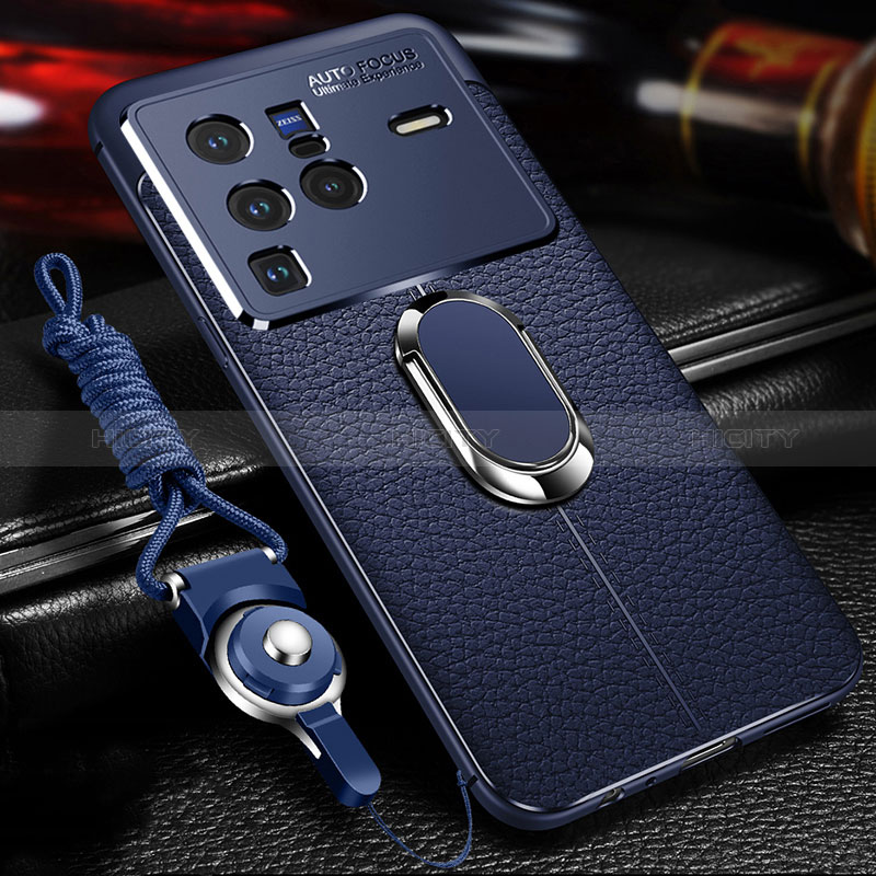 Coque Silicone Gel Motif Cuir Housse Etui avec Support Bague Anneau Aimante Magnetique pour Vivo X80 Pro 5G Bleu Plus