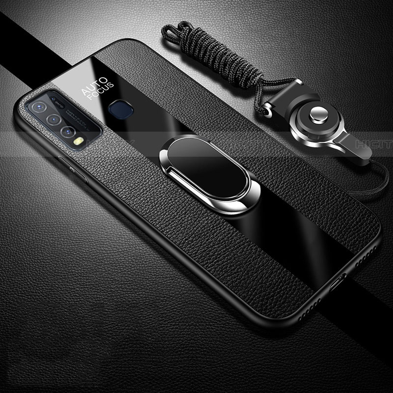 Coque Silicone Gel Motif Cuir Housse Etui avec Support Bague Anneau Aimante Magnetique pour Vivo Y50 Plus