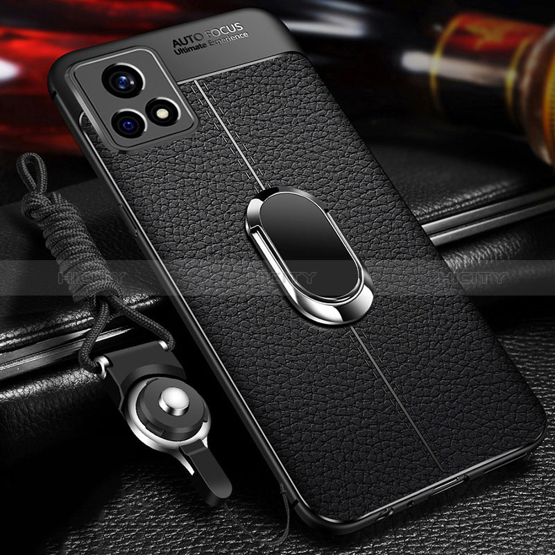 Coque Silicone Gel Motif Cuir Housse Etui avec Support Bague Anneau Aimante Magnetique pour Vivo Y52s t1 5G Noir Plus