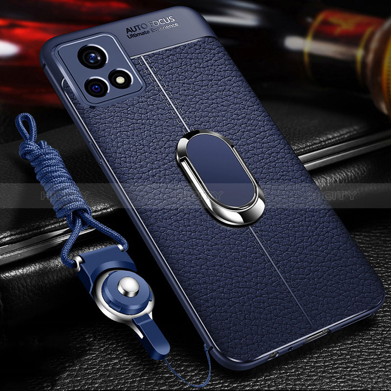 Coque Silicone Gel Motif Cuir Housse Etui avec Support Bague Anneau Aimante Magnetique pour Vivo Y72 India Bleu Plus