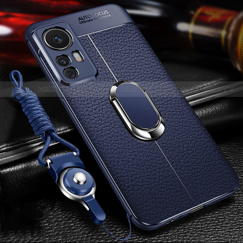 Coque Silicone Gel Motif Cuir Housse Etui avec Support Bague Anneau Aimante Magnetique pour Xiaomi Mi 12S 5G Bleu Plus