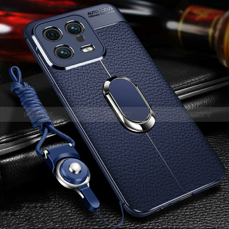 Coque Silicone Gel Motif Cuir Housse Etui avec Support Bague Anneau Aimante Magnetique pour Xiaomi Mi 13 Pro 5G Bleu Plus