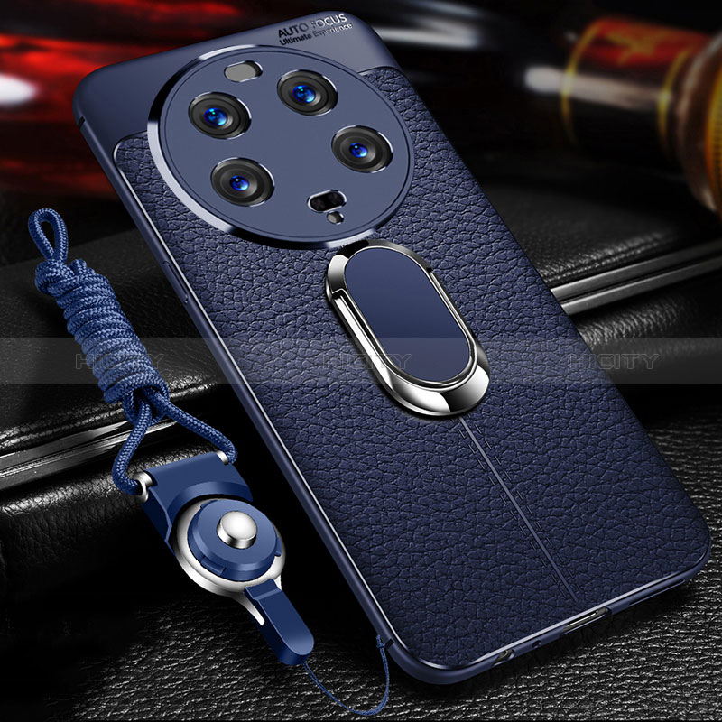 Coque Silicone Gel Motif Cuir Housse Etui avec Support Bague Anneau Aimante Magnetique pour Xiaomi Mi 13 Ultra 5G Bleu Plus