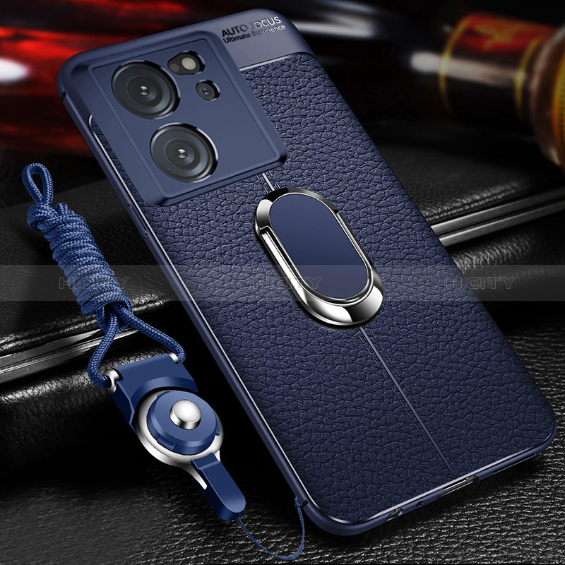 Coque Silicone Gel Motif Cuir Housse Etui avec Support Bague Anneau Aimante Magnetique pour Xiaomi Mi 13T 5G Bleu Plus