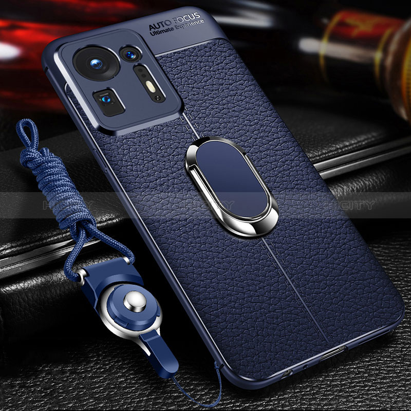 Coque Silicone Gel Motif Cuir Housse Etui avec Support Bague Anneau Aimante Magnetique pour Xiaomi Mi Mix 4 5G Bleu Plus