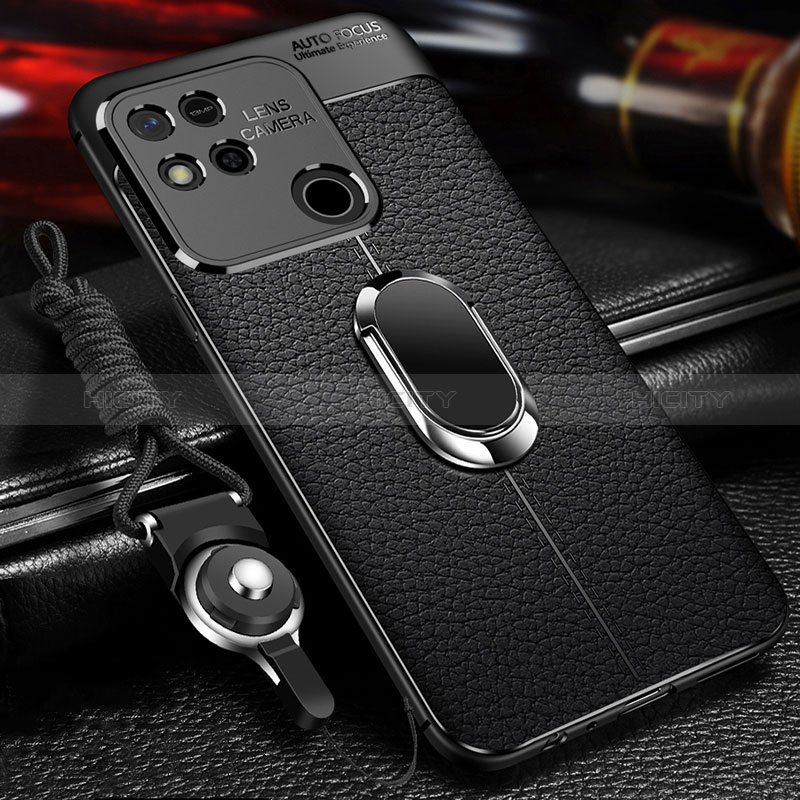 Coque Silicone Gel Motif Cuir Housse Etui avec Support Bague Anneau Aimante Magnetique pour Xiaomi POCO C3 Noir Plus