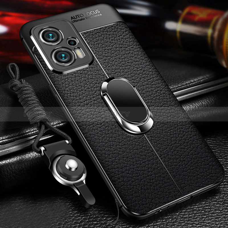 Coque Silicone Gel Motif Cuir Housse Etui avec Support Bague Anneau Aimante Magnetique pour Xiaomi Poco F5 5G Noir Plus