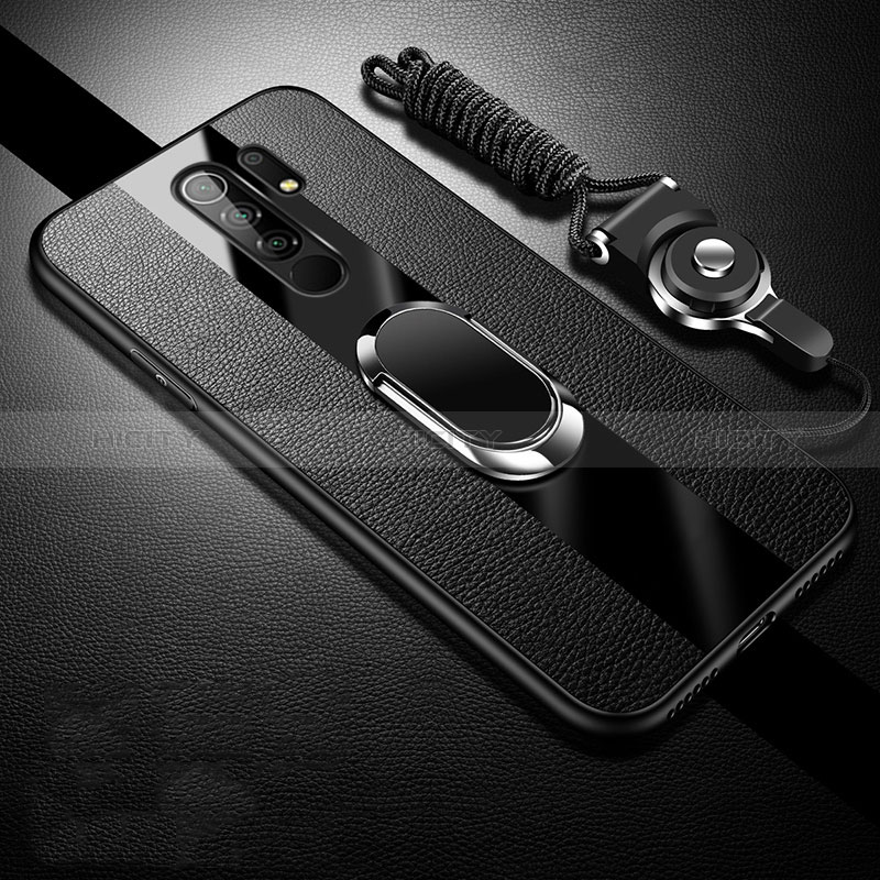 Coque Silicone Gel Motif Cuir Housse Etui avec Support Bague Anneau Aimante Magnetique pour Xiaomi Poco M2 Noir Plus