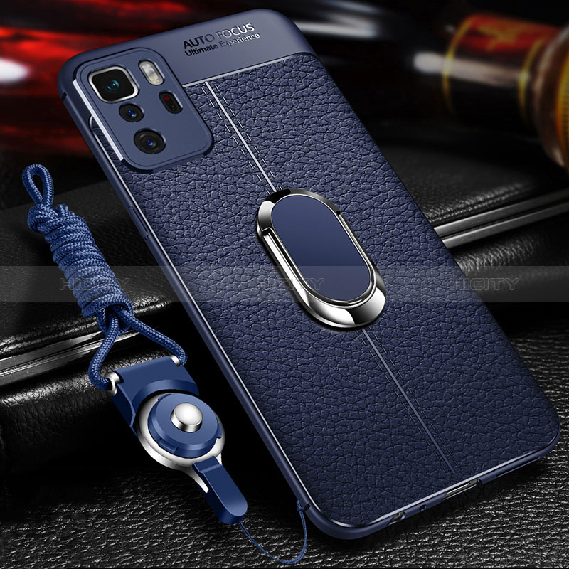 Coque Silicone Gel Motif Cuir Housse Etui avec Support Bague Anneau Aimante Magnetique pour Xiaomi Poco X3 GT 5G Bleu Plus