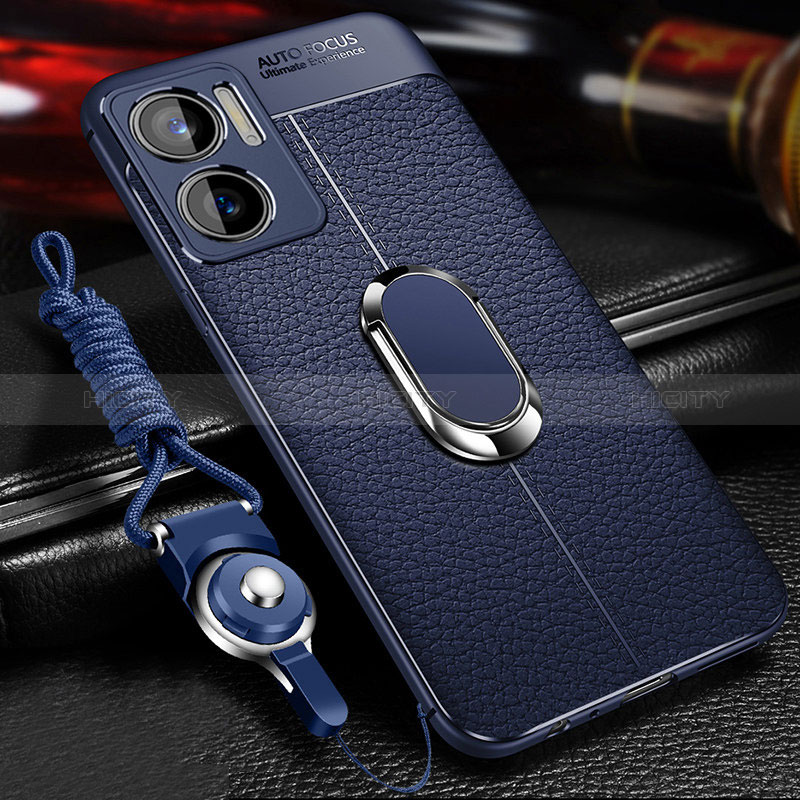 Coque Silicone Gel Motif Cuir Housse Etui avec Support Bague Anneau Aimante Magnetique pour Xiaomi Redmi 10 5G Bleu Plus