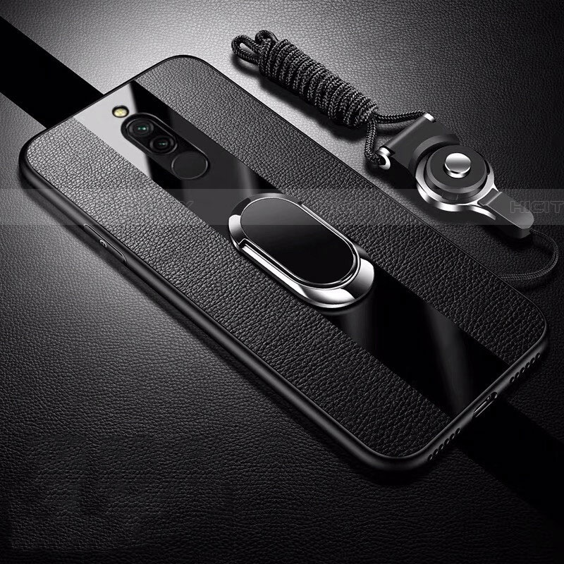 Coque Silicone Gel Motif Cuir Housse Etui avec Support Bague Anneau Aimante Magnetique pour Xiaomi Redmi 8 Noir Plus