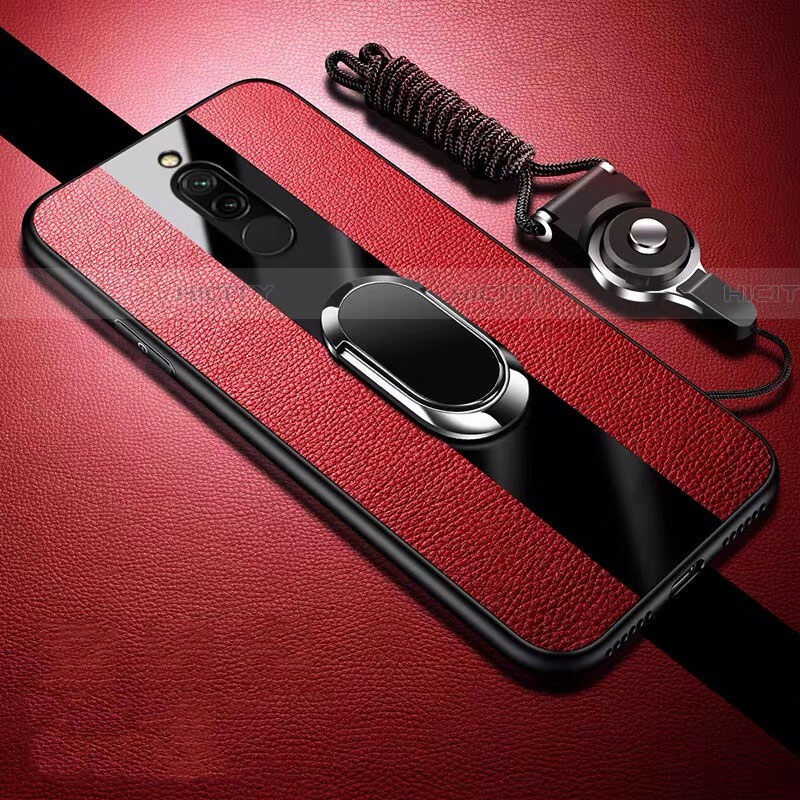 Coque Silicone Gel Motif Cuir Housse Etui avec Support Bague Anneau Aimante Magnetique pour Xiaomi Redmi 8 Rouge Plus